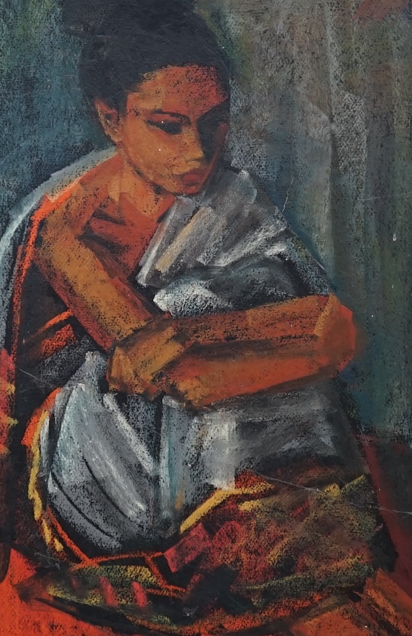 Maurice Man (1921-1997), oil on board, Study of a seated woman, 45 x 29cm. Condition - fair